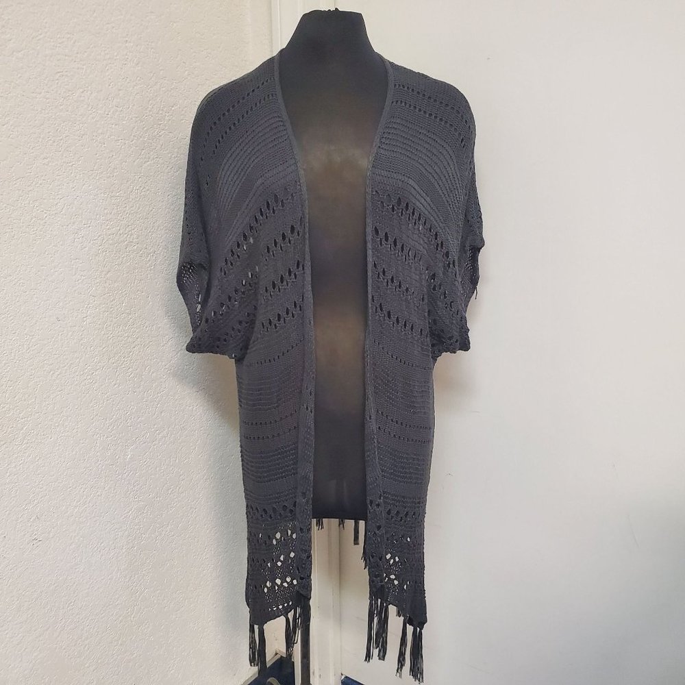 Black Crochet Open-Front Fringe Cape